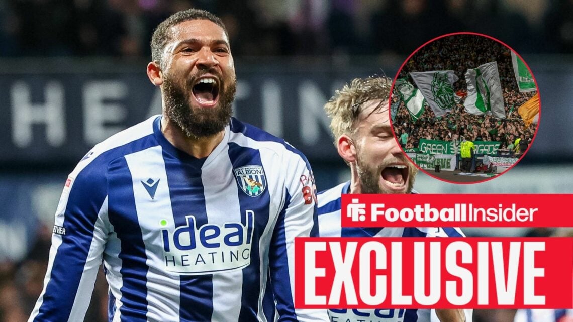 Football Insider exclusive as West Brom defender George Campbell celebrates a goal, while Celtic fans wave flags in a circular inset.