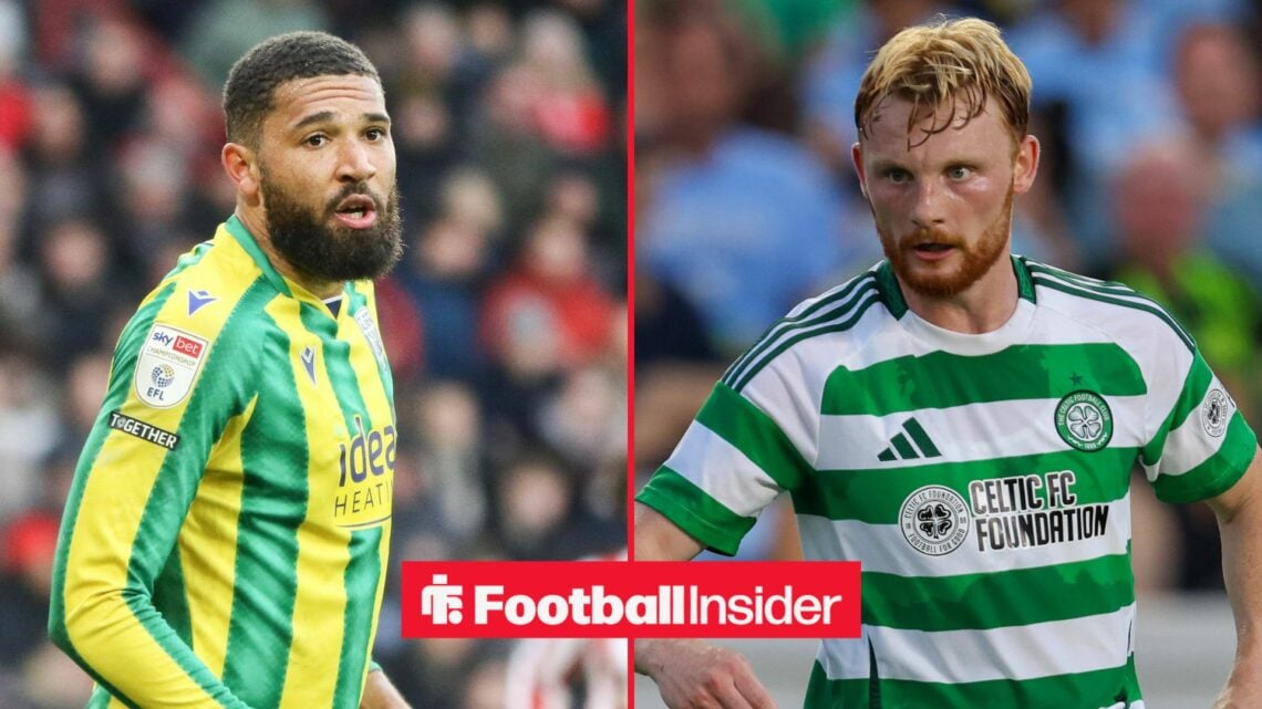 West Brom defender George Campbell stares across a split image towards Liam Scales, who is in action during a game for Celtic.