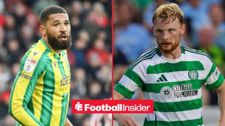 West Brom defender George Campbell stares across a split image towards Liam Scales, who is in action during a game for Celtic.