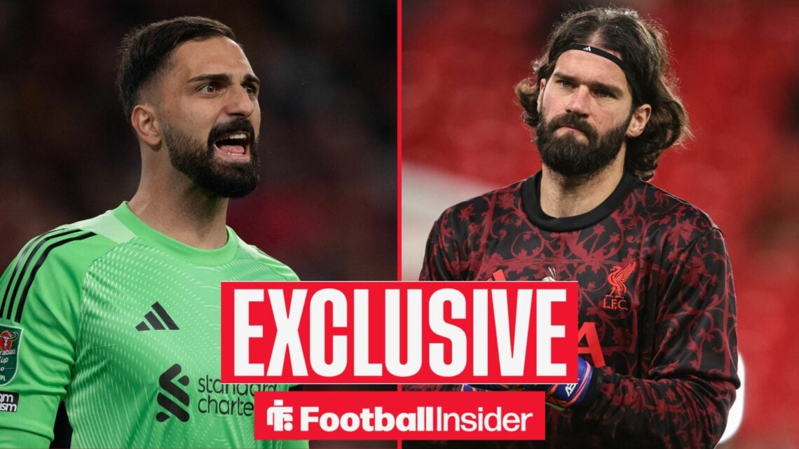 Football Insider exclusive as Liverpool goalkeeper Giorgi Mamardashvili is in action during a game, while Alisson warms up on the other side of a s...