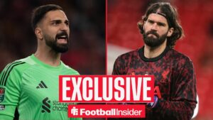 Football Insider exclusive as Liverpool goalkeeper Giorgi Mamardashvili is in action during a game, while Alisson warms up on the other side of a split image.