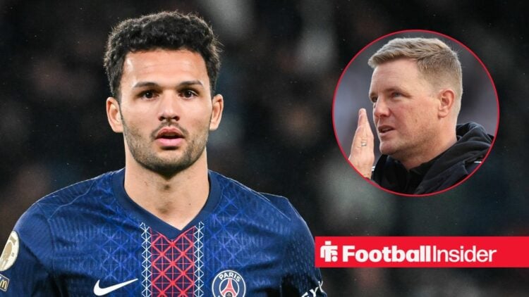 Goncalo Ramos in action for PSG, with Eddie Howe in a circular inset