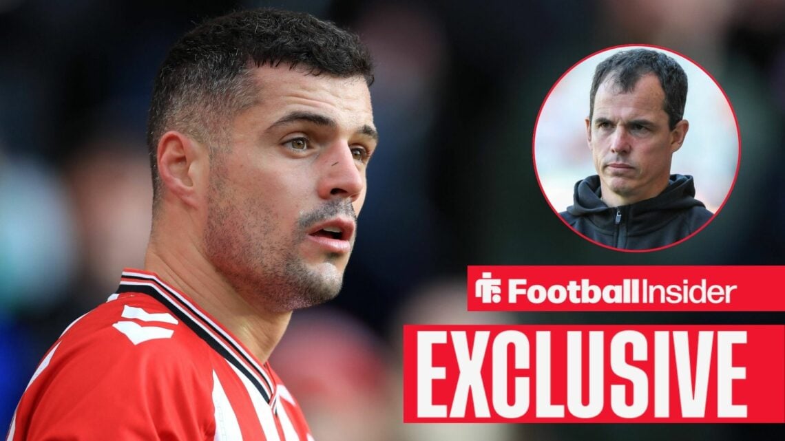 Football Insider exclusive as Sunderland midfielder Granit Xhaka stares towards manager Regis Le Bris, who watches from a circular inset.