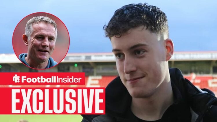 Harry Ashfield in an interview at Cheltenham, with Phil Parkinson in a circular inset