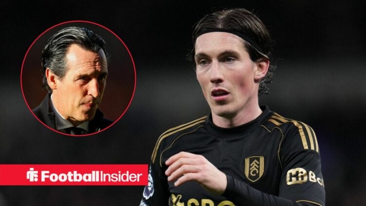 Harry Wilson in action for Fulham, with Unai Emery in a circular inset
