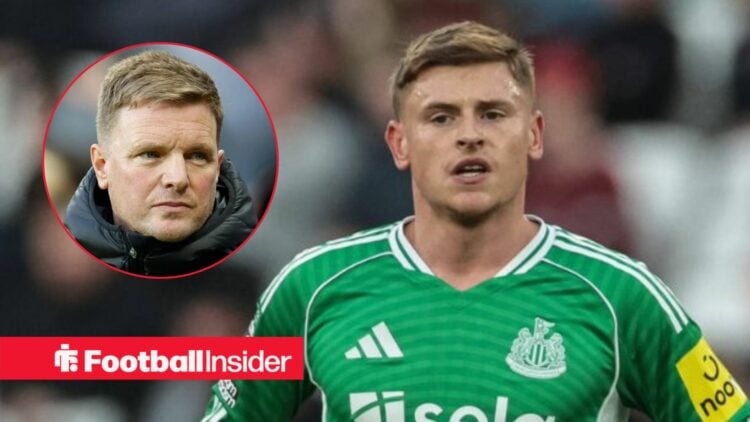 Harvey Barnes in action for Newcastle, with Eddie Howe in a circular inset