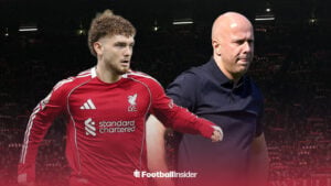 Harvey Elliott in a Liverpool kit alongside Arne Slot at Anfield.