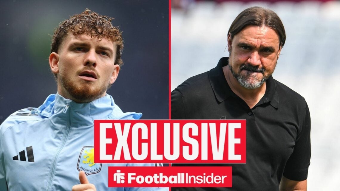 Football Insider exclusive as Harvey Elliott warms up for Aston Villa, while Leeds manager Daniel Farke watches on the other side of a split image.
