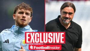Football Insider exclusive as Harvey Elliott warms up for Aston Villa, while Leeds manager Daniel Farke watches on the other side of a split image.
