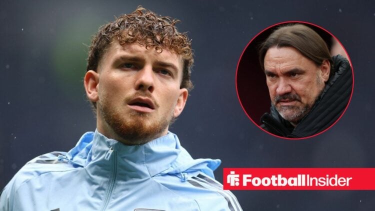 Harvey Elliott in a warm-up for Aston Villa, with Daniel Farke in a circular inset