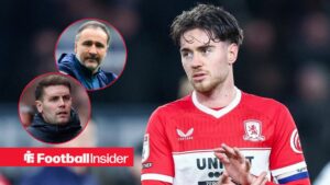 Middlesbrough midfielder Hayden Hackney applauds after a game, while Nottingham Forest manager Vitor Pereira and Brighton boss Fabian Hurzeler watch from circular insets.