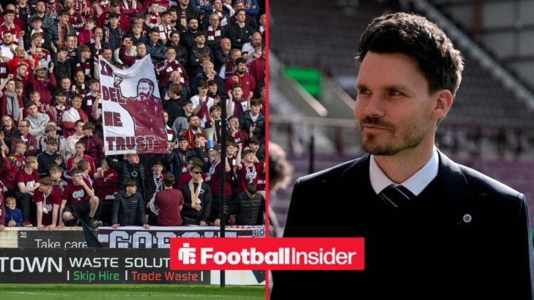 Hearts fans hold up a banner in the stands at Tynecastle, while Rangers manager Danny Rohl smiles on the other side of a split image.