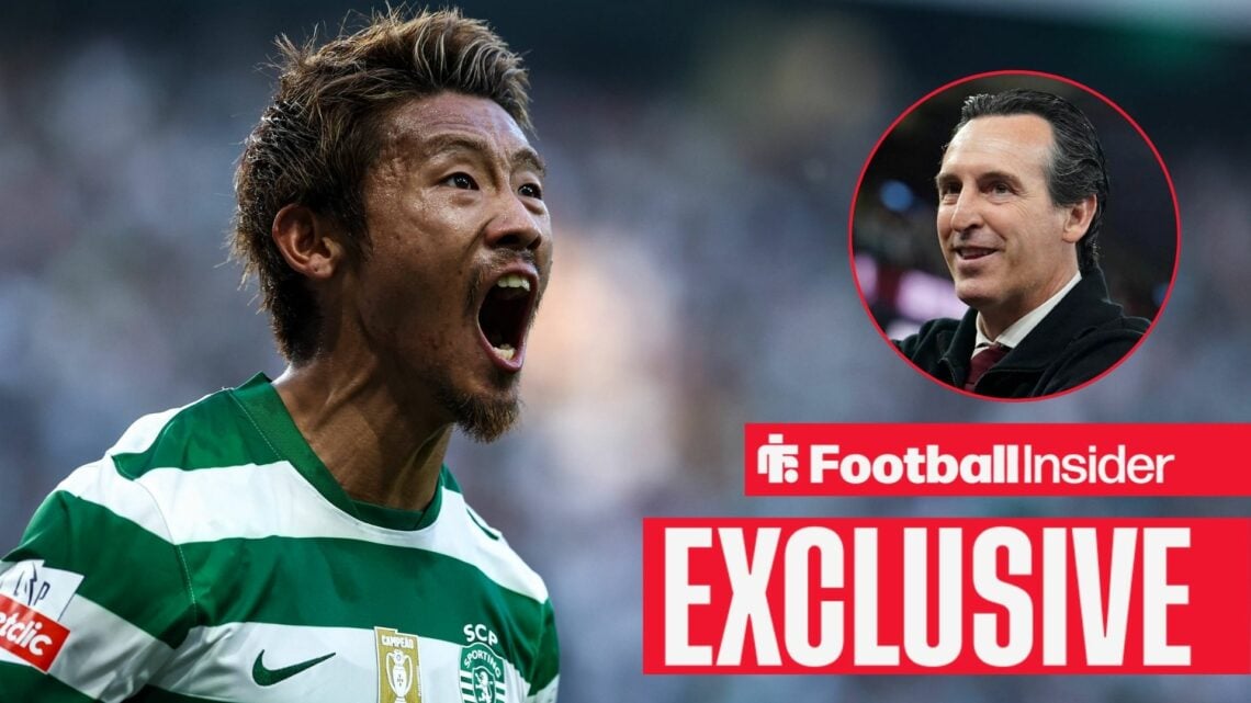 Football Insider exclusive as Sporting CP midfielder Hidemasa Morita shouts during a game, while Aston Villa manager Unai Emery smiles in a circula...