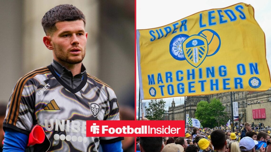 Leeds goalkeeper Illan Meslier warms up for a game, as the fans wave a giant flag on the other side of a split image.