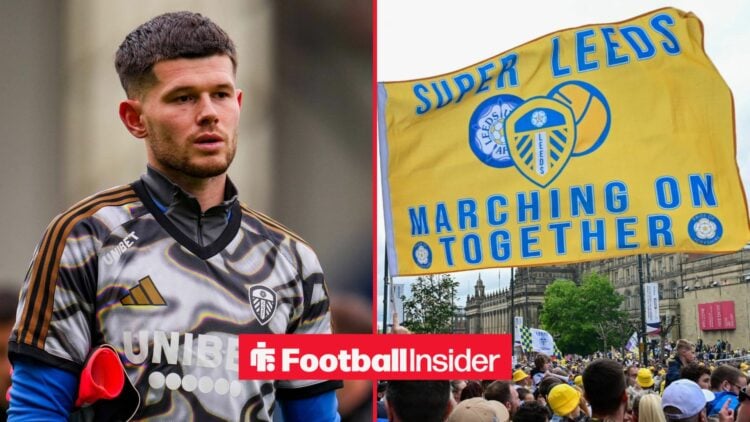 Leeds goalkeeper Illan Meslier warms up for a game, as the fans wave a giant flag on the other side of a split image.