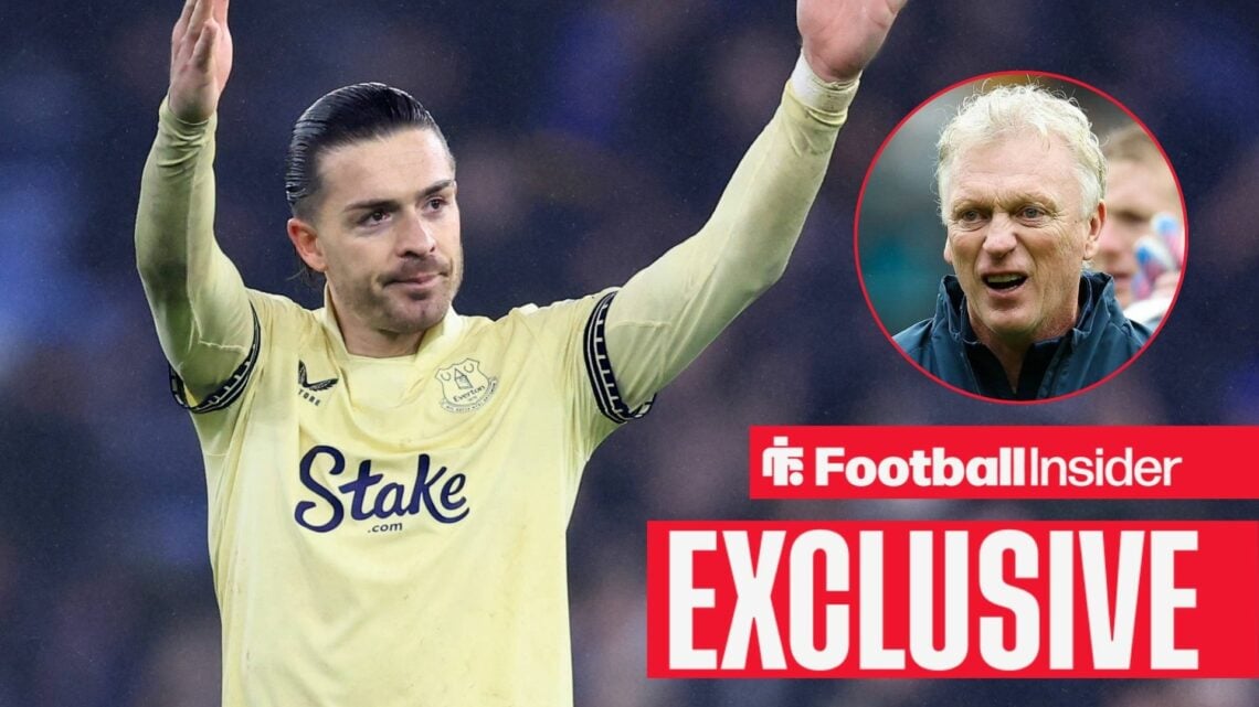 Football Insider exclusive as Everton winger Jack Grealish holds his arms outstretched, while manager David Moyes shouts in a circular inset.