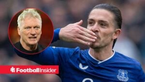 Jack Grealish in action for Everton, with David Moyes in a circular inset