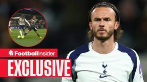 11th May 2026. James Maddison of Tottenham Hotspur during the Tottenham Hotspur vs Leeds United Premier League match at the Tottenham Hotspur Stadium, London / James Maddison tackled by Lukas Nmecha in Tottenham vs Leeds United on 11 May, 2026