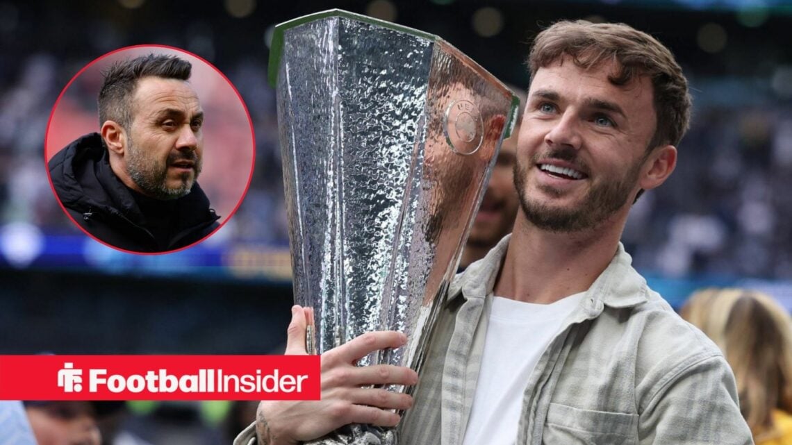 Tottenham midfielder James Maddison smiles while holding the Europa League trophy, as Roberto De Zerbi watches from a circular inset.