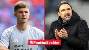 Nottingham Forest midfielder James McAtee warming up for a game, as Leeds manager Daniel Farke applauds on the other side of a split image.