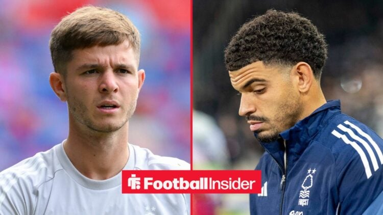 Nottingham Forest midfielder James McAtee warms up for a game, as teammate Morgan Gibbs-White stares at the floor on the other side of a split image.