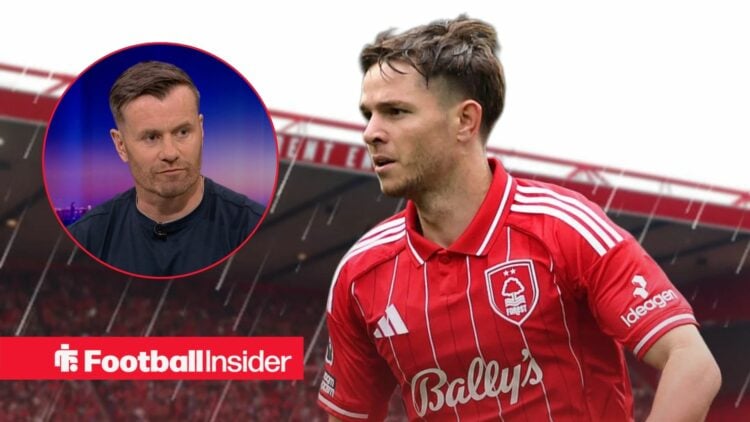 Nottingham Forest midfielder James McAtee in action during a game, as Shay Given watches from a circular inset.
