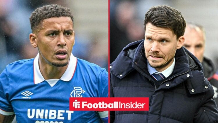 James Tavernier in action for Rangers, with Danny Rohl on the sidelines