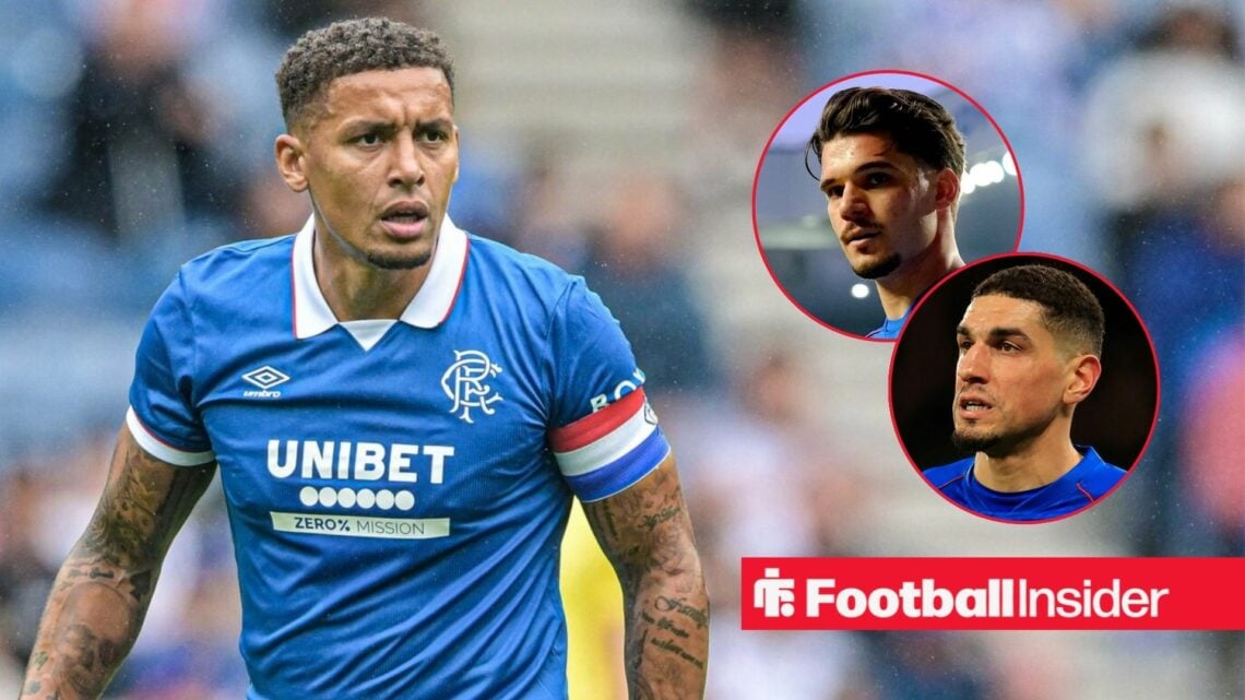 James Tavernier in action during a game for Rangers, as Ianis Hagi and Leon Balogun watch from a pair of circular insets.