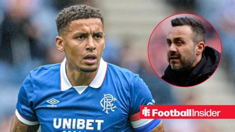 James Tavernier in action for Rangers, with Roberto De Zerbi in a circular inset
