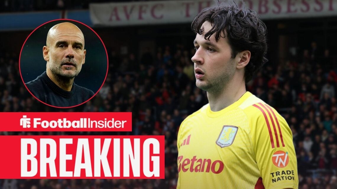 James Trafford in action wearing an Aston Villa shirt, as Manchester City manager Pep Guardiola watches from a circular inset.