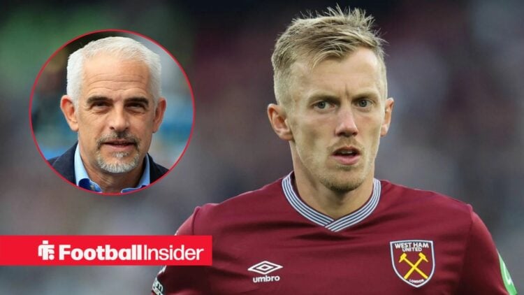 James Ward-Prowse in action for West Ham, with Burnley owner Alan Pace in a circular inset
