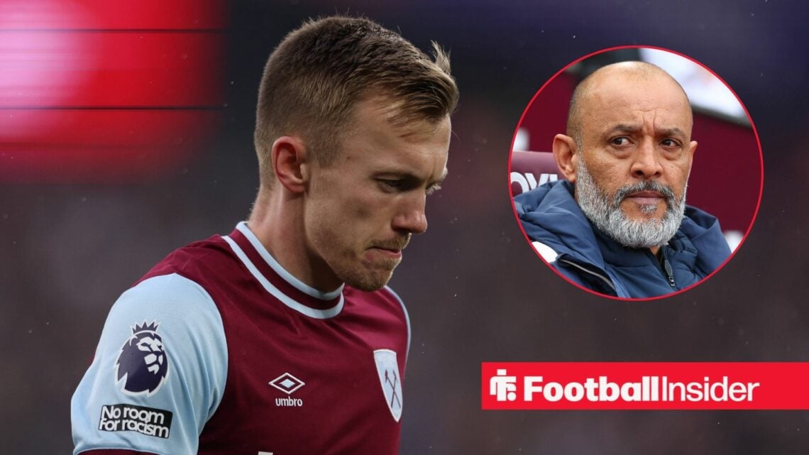 West Ham midfielder James Ward-Prowse alongside a circular inset of manager Nuno Espirito Santo