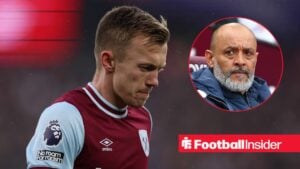 West Ham midfielder James Ward-Prowse alongside a circular inset of manager Nuno Espirito Santo