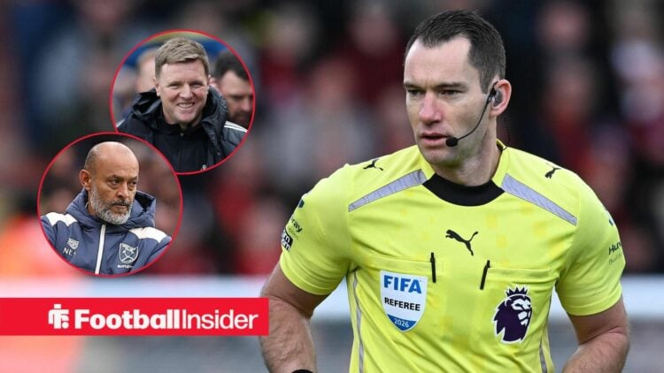Premier League referee Jarred Gillett in action during a game, as Newcastle manager Eddie Howe and West Ham boss Nuno Espirito Santo watch from cir...