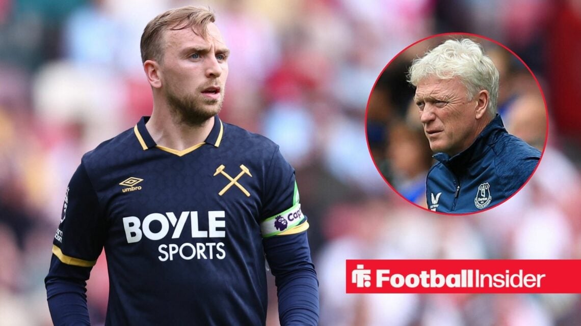 West Ham winger Jarrod Bowen in action during a game, as Everton manager David Moyes looks ponderous in a circular inset.