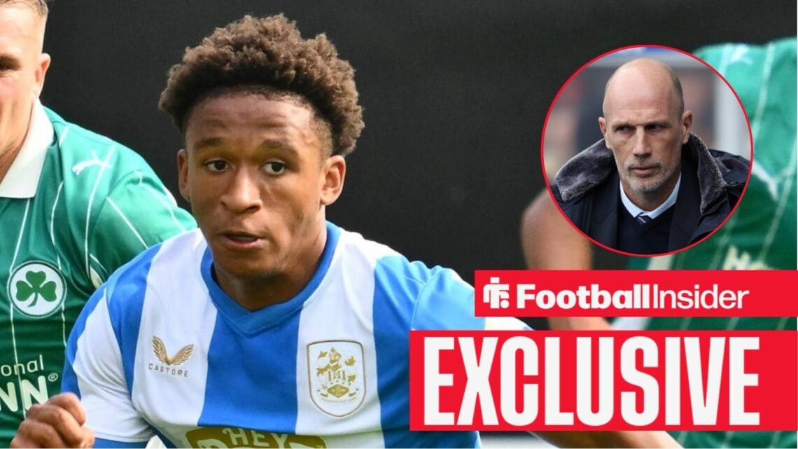 Football Insider exclusive as Huddersfield youngster Jay Smith-Sway is in action during a game, while Norwich boss Philippe Clement watches from a ...