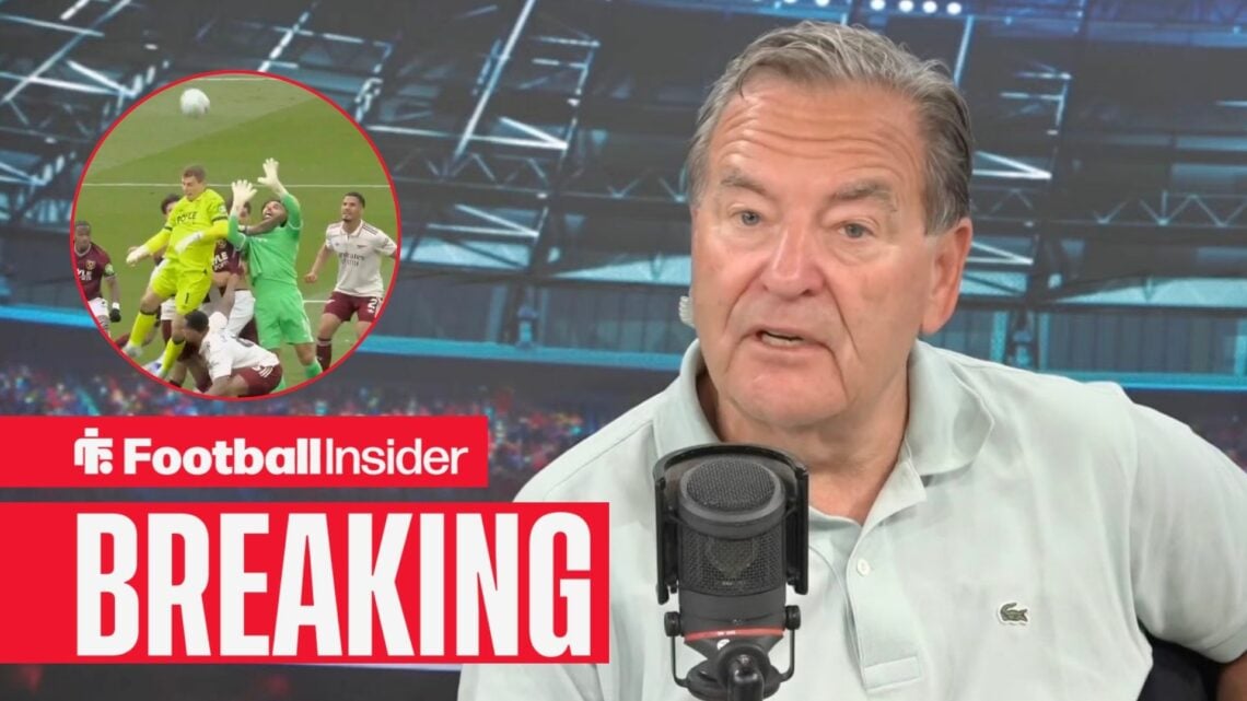 Jeff Stelling speaks in the talkSPORT studio, as a screenshot of West Ham's disallowed goal vs Arsenal features in a circular inset.