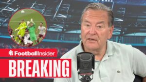 Jeff Stelling speaks in the talkSPORT studio, as a screenshot of West Ham's disallowed goal vs Arsenal features in a circular inset.