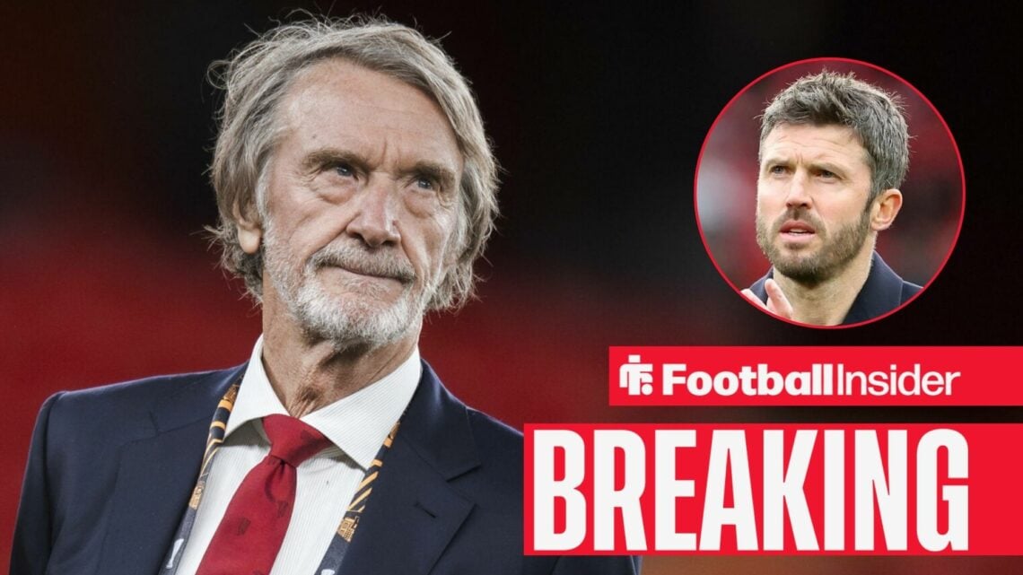 Jim Ratcliffe in the stands at Old Trafford, with Michael Carrick in a circular inset