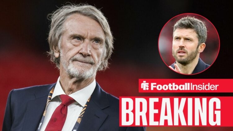 Jim Ratcliffe in the stands at Old Trafford, with Michael Carrick in a circular inset