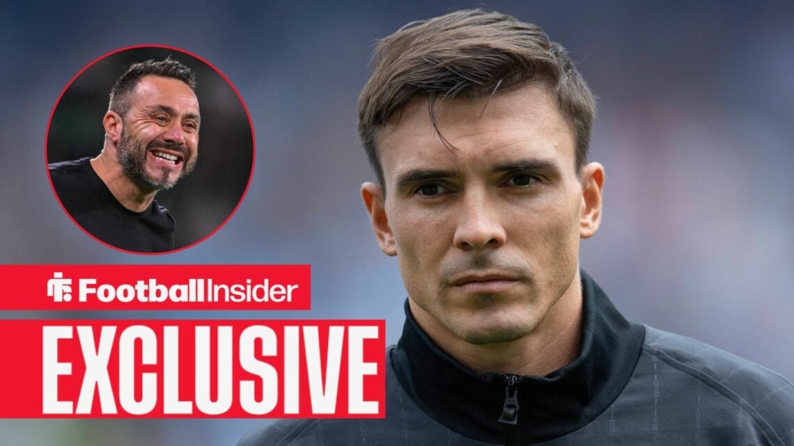 Football Insider exclusive as Tottenham midfielder Joao Palhinha stands before a game, as manager Roberto De Zerbi looks frustrated in a circular i...