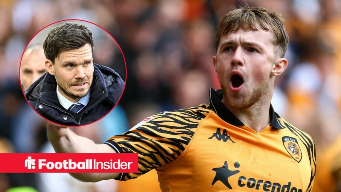 Joe Gelhardt punches the air after scoring for Hull City, while Rangers manager Danny Rohl looks concerned in a circular inset.