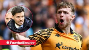 Joe Gelhardt punches the air after scoring for Hull City, while Rangers manager Danny Rohl looks concerned in a circular inset.
