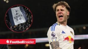 Joe Rodon of Leeds United shouts at the assistant referee during the Premier League match between Leeds United and Sunderland at Elland Road in Leeds, England, on March 3, 2026 / Tottenham Hotspur fan holding up a to dare is to do banner during the Premier League match between Tottenham Hotspur FC and Liverpool FC at Tottenham Hotspur Stadium on December 22, 2024