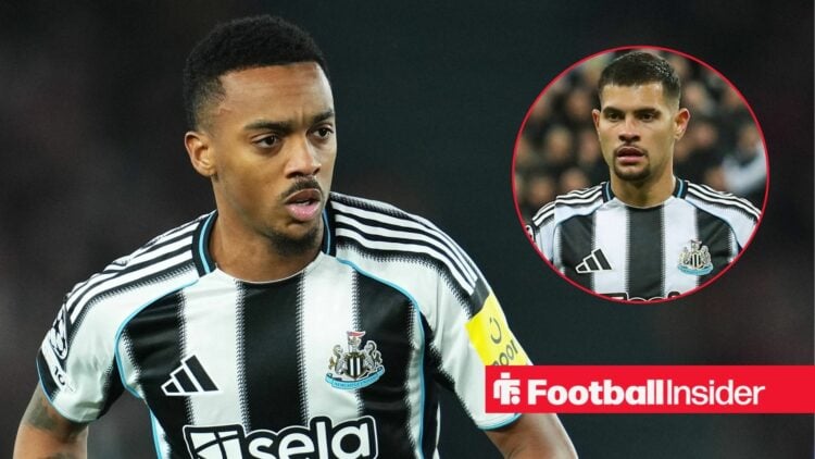Newcastle midfielder Joe Willock in action during a game, as captain Bruno Guimaraes looks fed up in a circular inset.