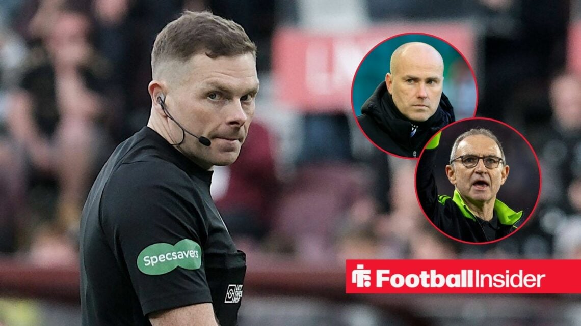 Referee John Beaton in action during a game, as Motherwell manager Jens Berthel Askou and Celtic boss Martin O'Neill watch from a pair of circular ...