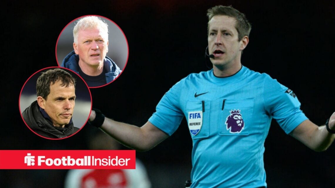 Premier League referee John Brooks has his arms outstretched during a game, as Everton manager David Moyes and Sunderland boss Regis Le Bris look b...