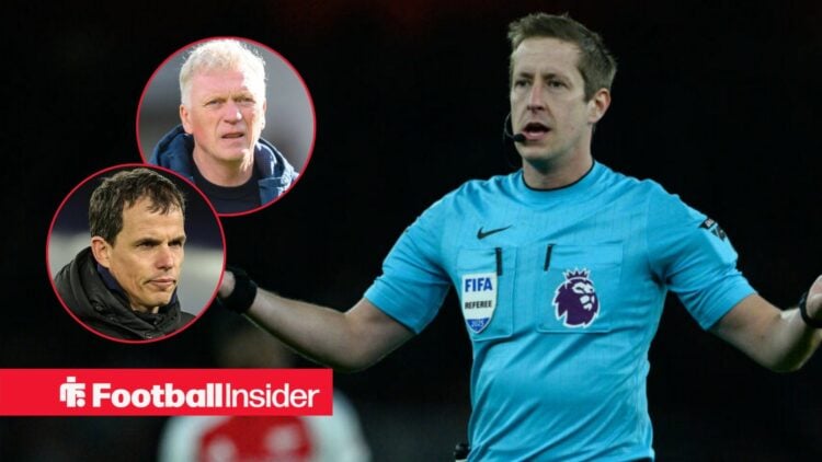 Premier League referee John Brooks has his arms outstretched during a game, as Everton manager David Moyes and Sunderland boss Regis Le Bris look b...