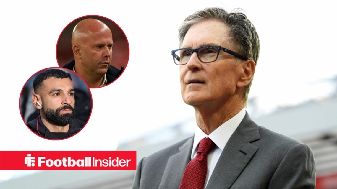 Liverpool owner John Henry at Anfield, with Arne Slot and Mohamed Salah in circular insets