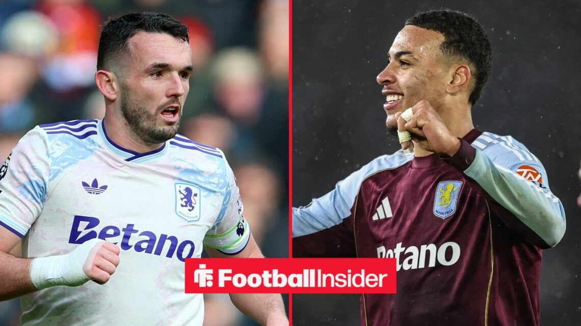Aston Villa midfielder John McGinn in action during a game, as teammate Morgan Rogers punches the air on the other side of a split image.